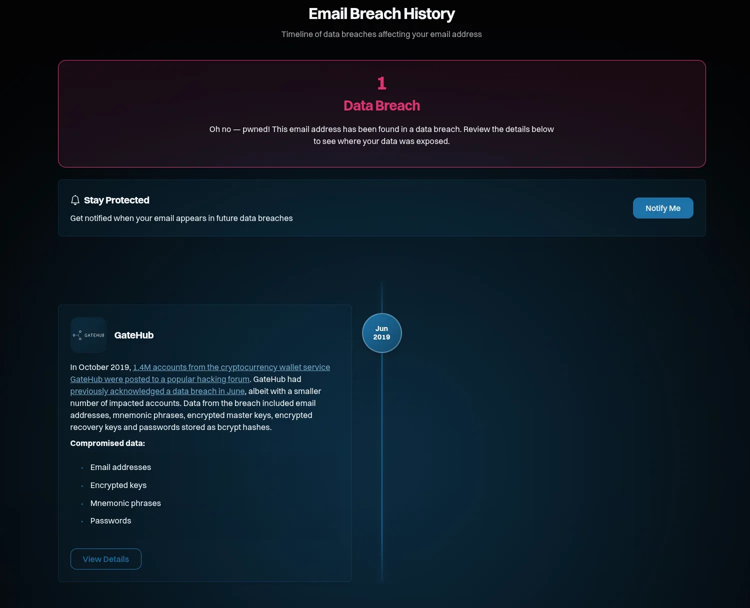 Have I Been Pwned result showing 1 data breach (GateHub) for the same email address that Surfshark Alert found 3 breaches for