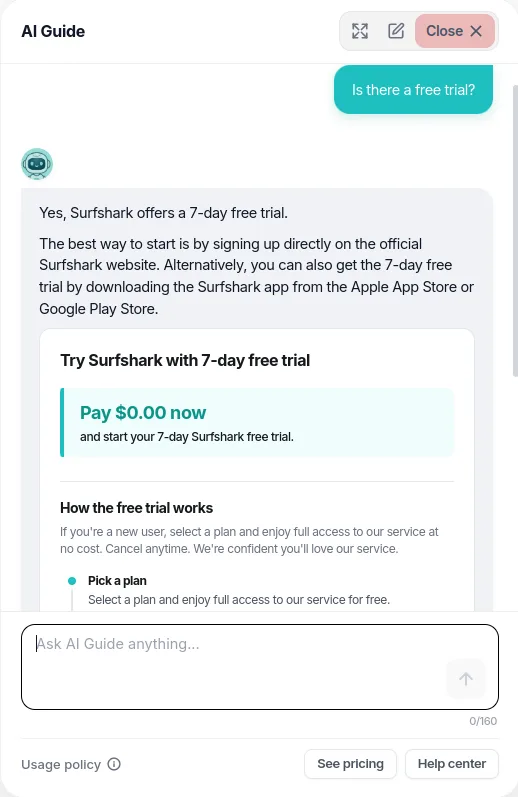 Surfshark website chatbot explaining how the 7-day free trial works